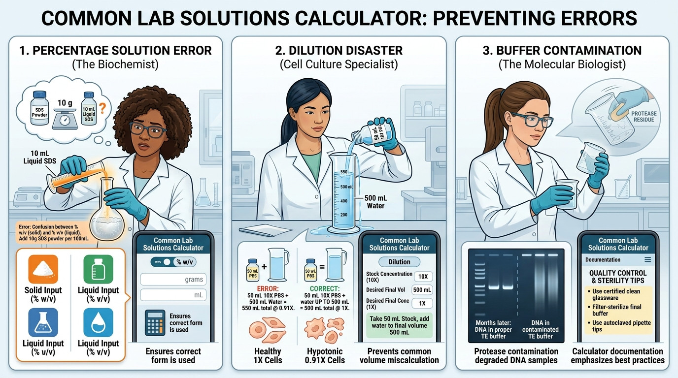 Common lab solutions calculator scenarios in molecular biology, biochemistry, and cell culture