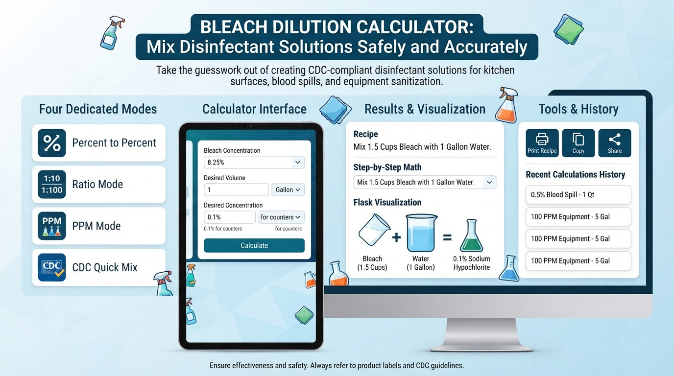 Bleach dilution calculator illustrated with laboratory measuring equipment and disinfectant bottles