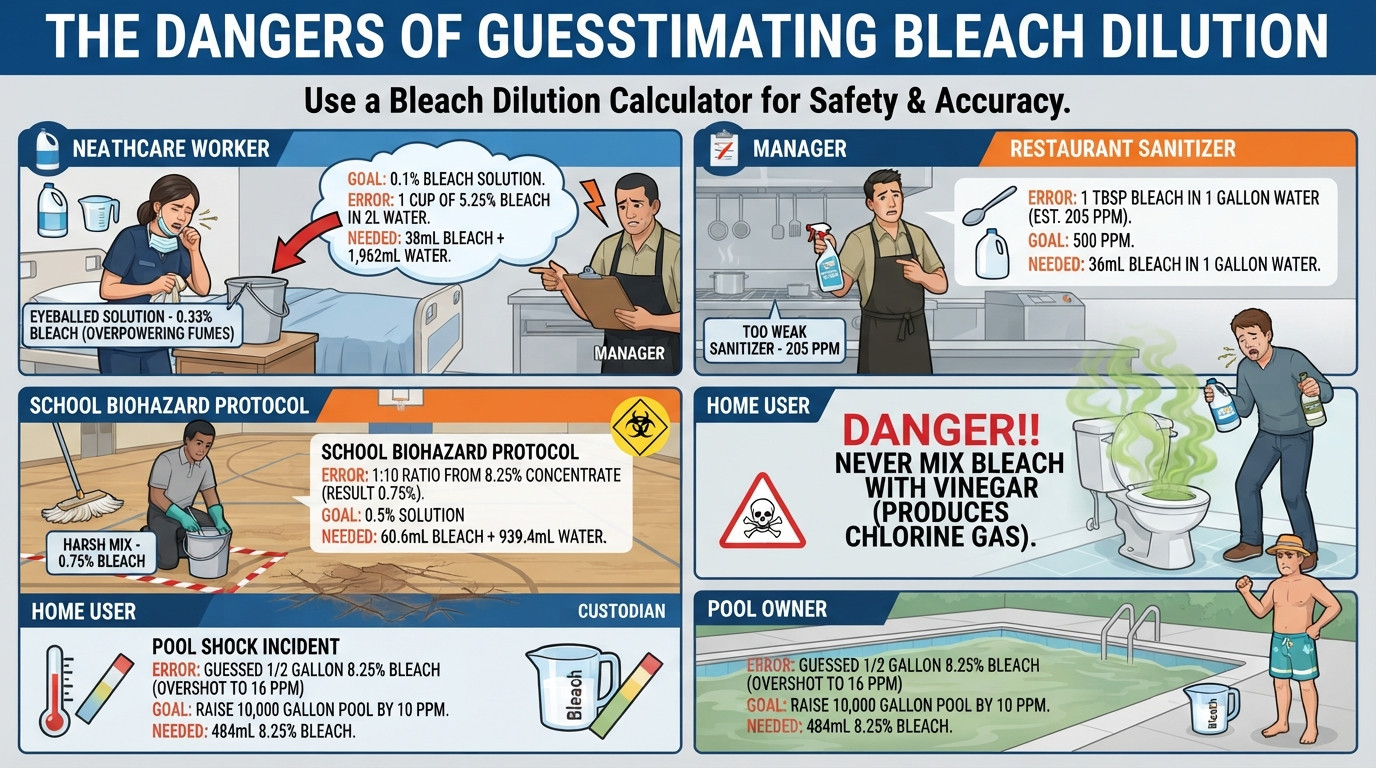 Real bleach dilution scenarios showing proper disinfectant preparation