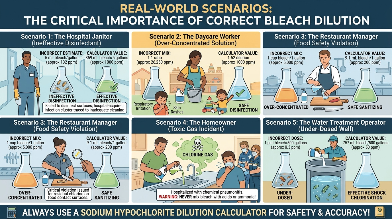 Sodium hypochlorite dilution calculator scenarios in healthcare, food service, and water treatment