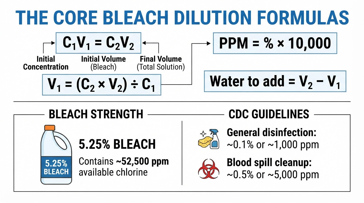 Core bleach dilution formulas showing concentration and volume relationships
