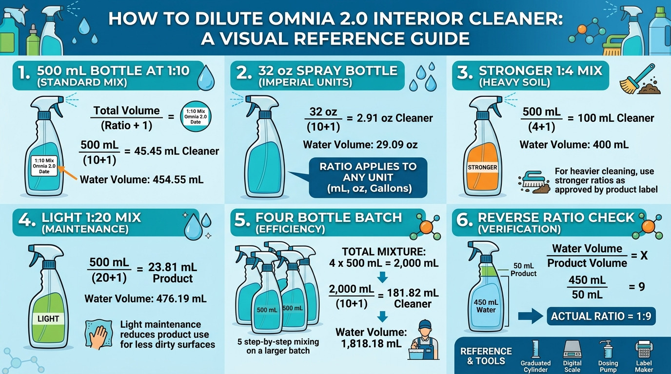 how to dilute omnia 2.0 interior cleaner examples for 500 mL 32 oz and batch bottles