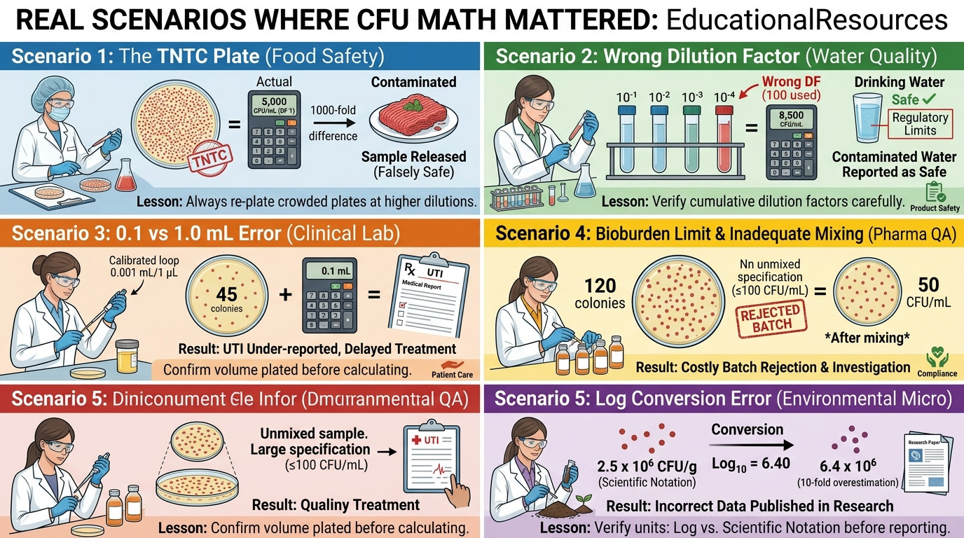 CFU calculator scenarios in food safety, water testing, clinical microbiology, and pharmaceutical QA