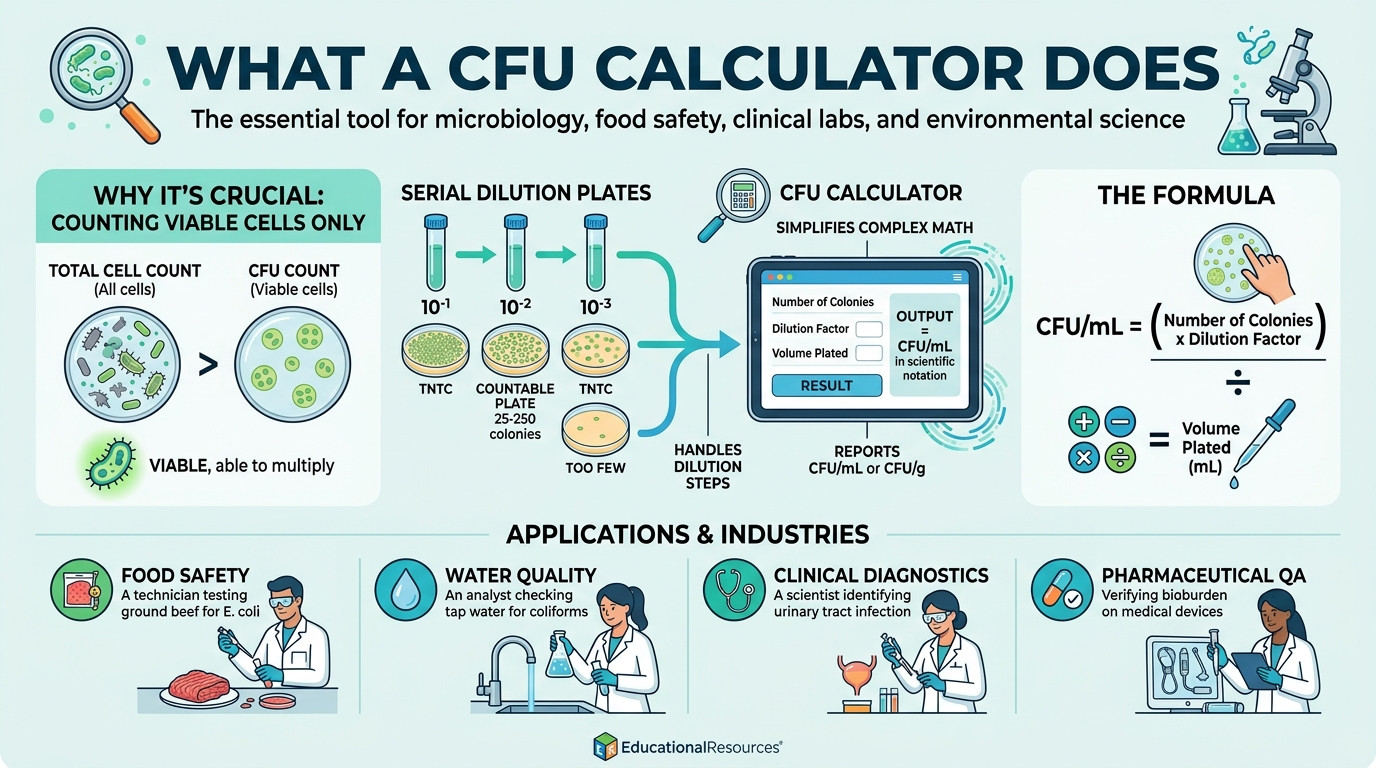 CFU calculator with petri dishes, colony counter, and serial dilution tubes in a microbiology lab