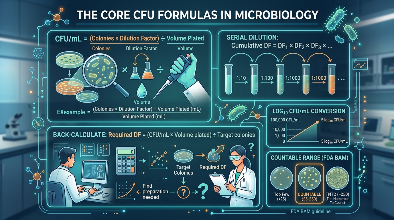 Core CFU formulas showing standard plate count, serial dilution, and membrane filtration methods