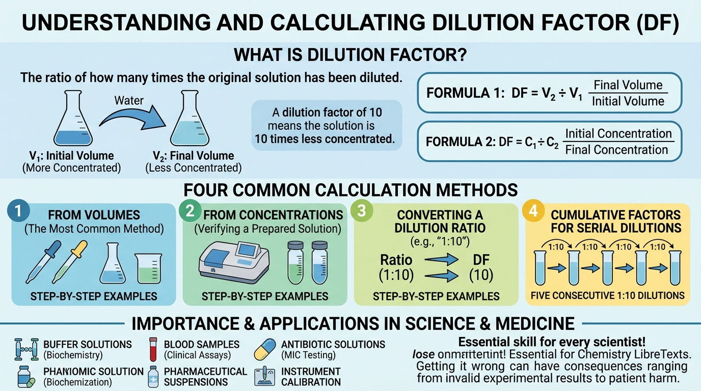 How to calculate dilution factor with laboratory pipettes, volumetric flasks, and test tubes