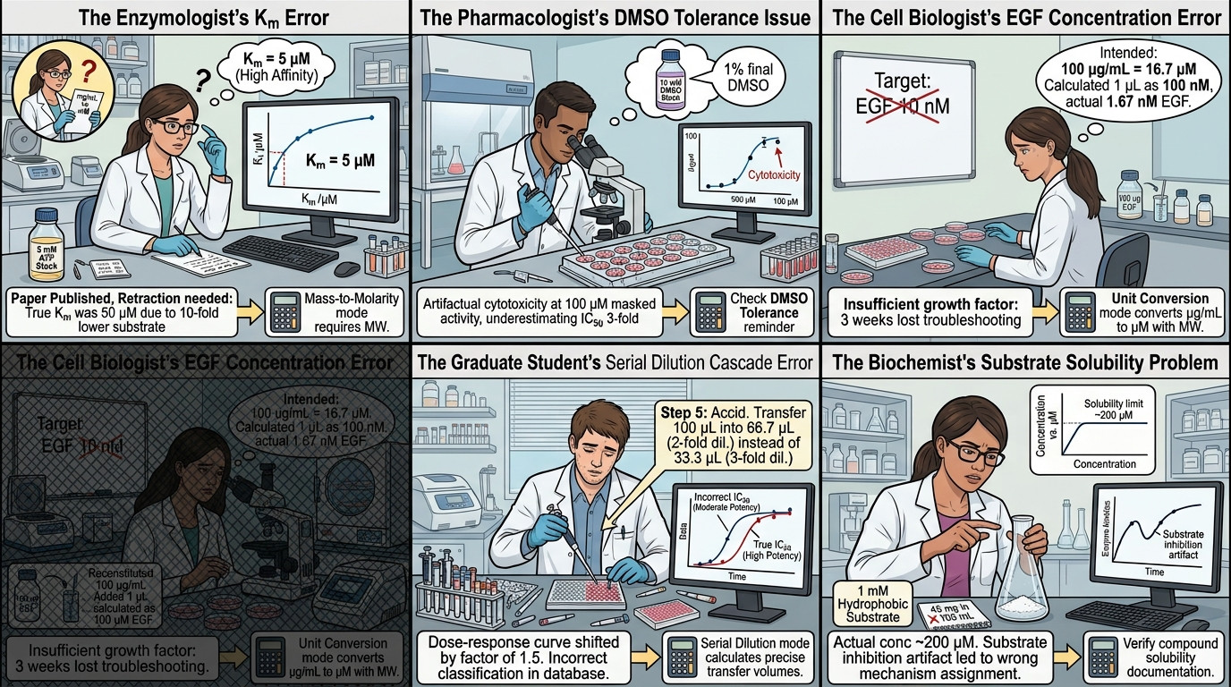 Micromolar calculator scenarios in enzyme kinetics, drug screening, and cell culture research