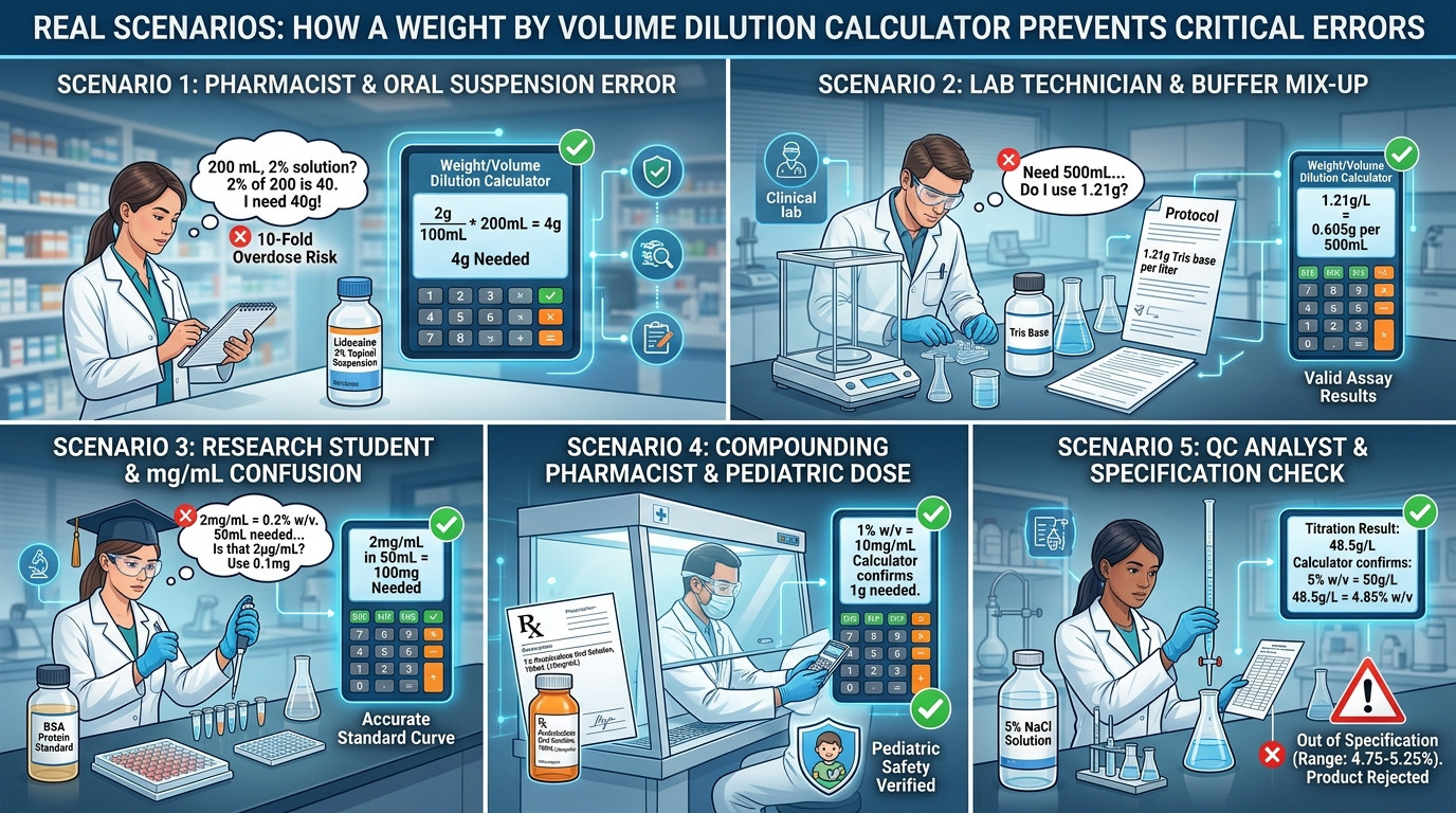 Real weight by volume dilution scenarios in pharmacy, clinical laboratory, and research settings