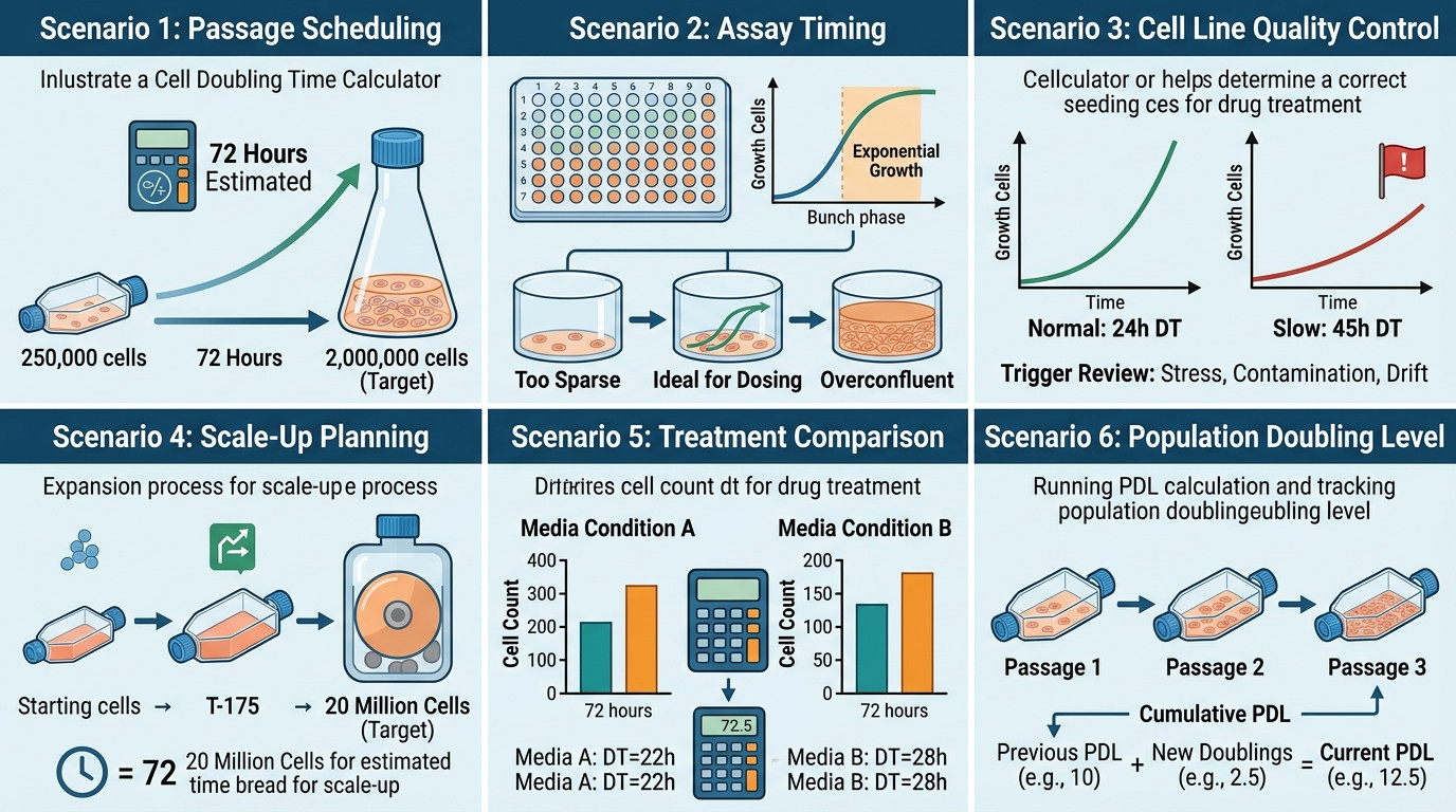 Cell doubling time scenarios for passage scheduling assay timing scale up and growth comparison