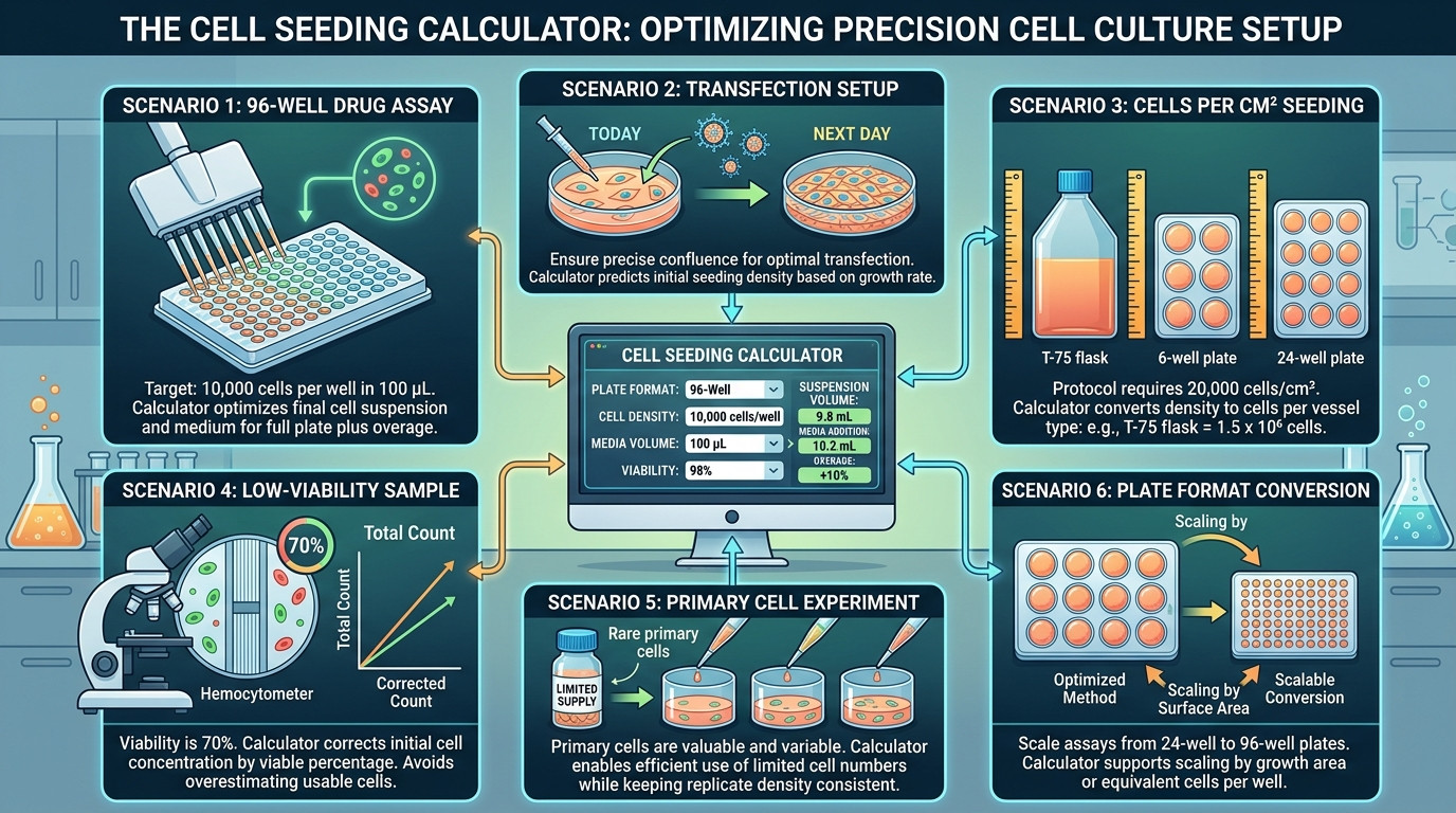 Cell seeding scenarios for 96 well assays transfection viability correction and plate format scaling