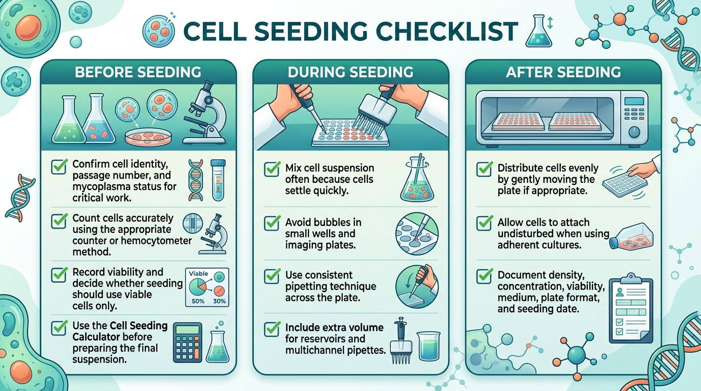 Cell seeding checklist for counting viability mixing plating and documentation