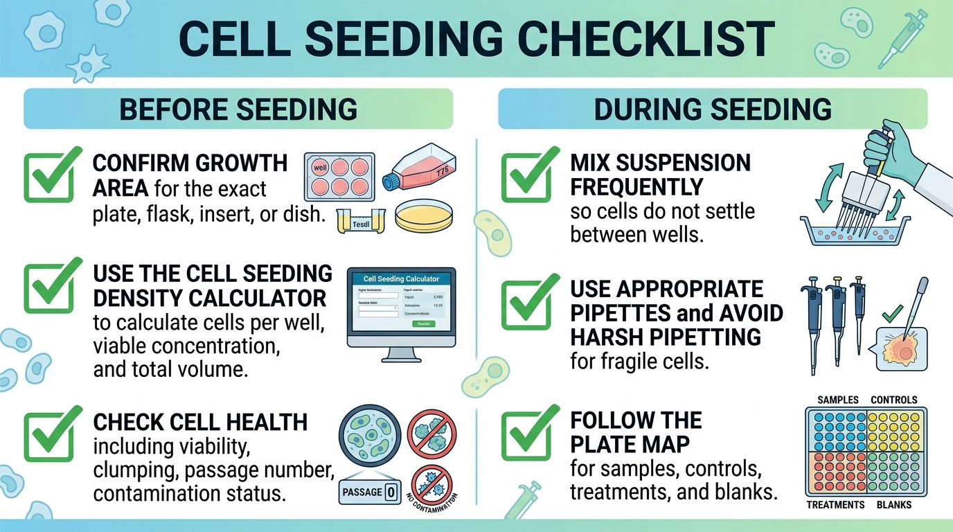 cell seeding density calculator checklist for growth area viability mixing and plate maps