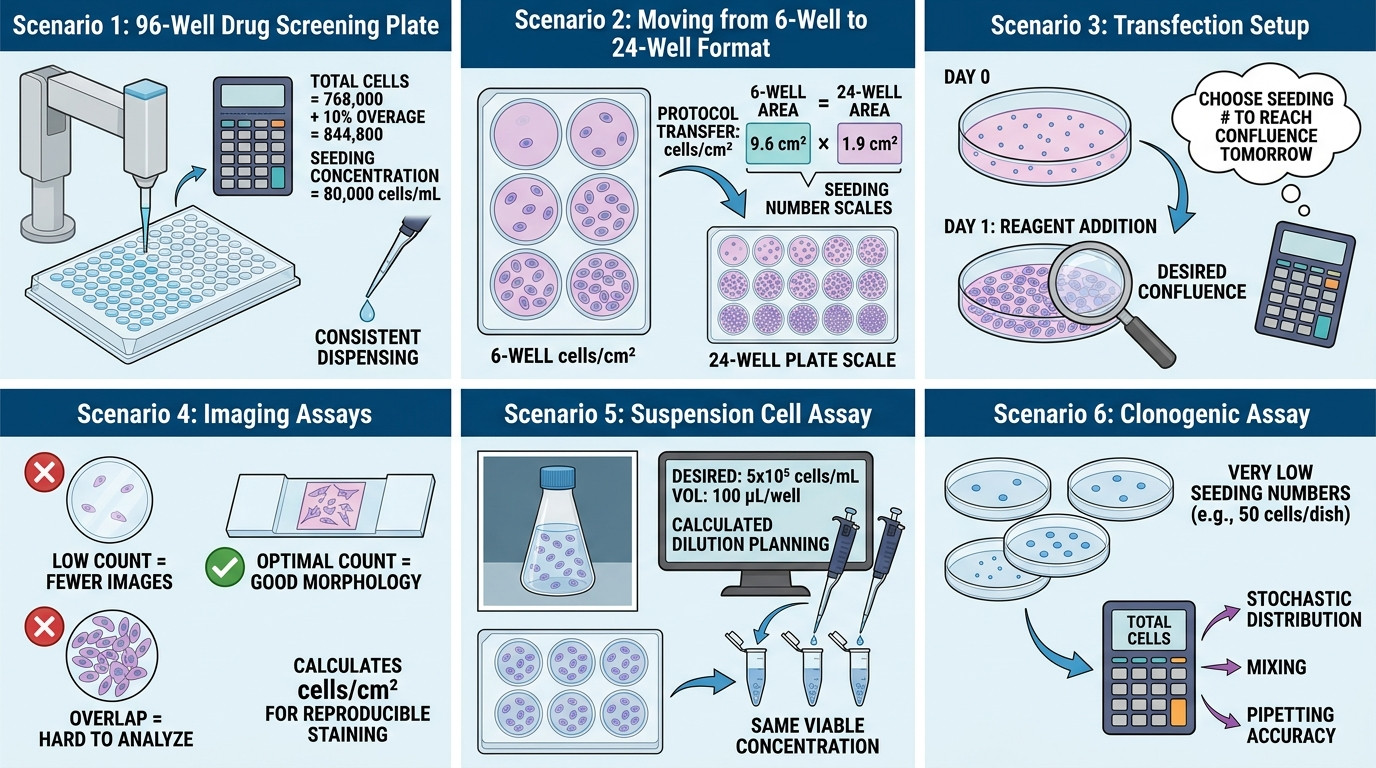 cell seeding density calculator scenarios for plates transfection imaging and suspension cells