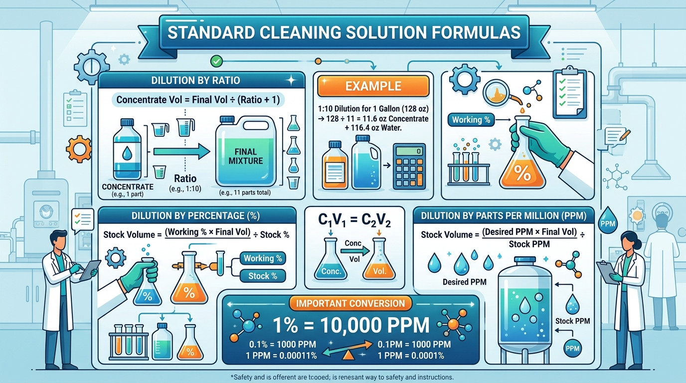 Cleaning solution calculator formulas for dilution ratios, percentages, and PPM conversions