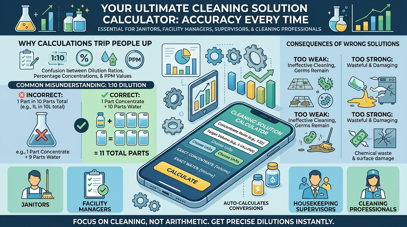 Cleaning solution calculator with cleaning supplies, spray bottles, and measuring equipment
