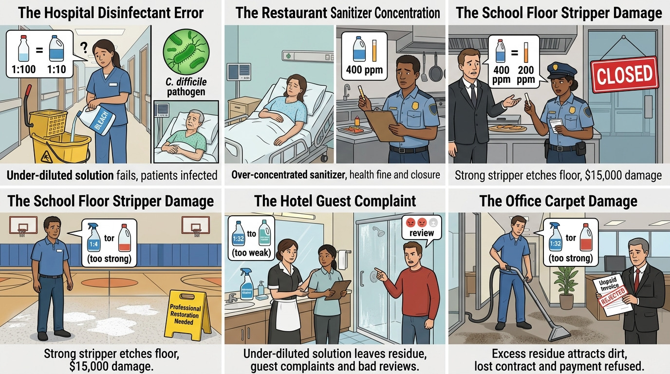 Cleaning solution calculator scenarios in hospitals, restaurants, schools, and commercial cleaning