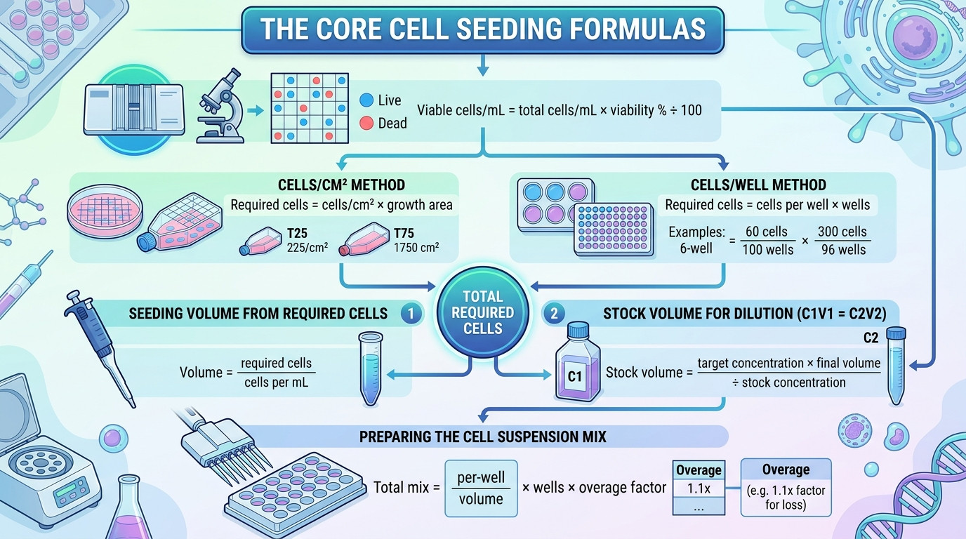 Cell Seeding Calculator formulas for cells per well cells per cm2 viability and suspension volume
