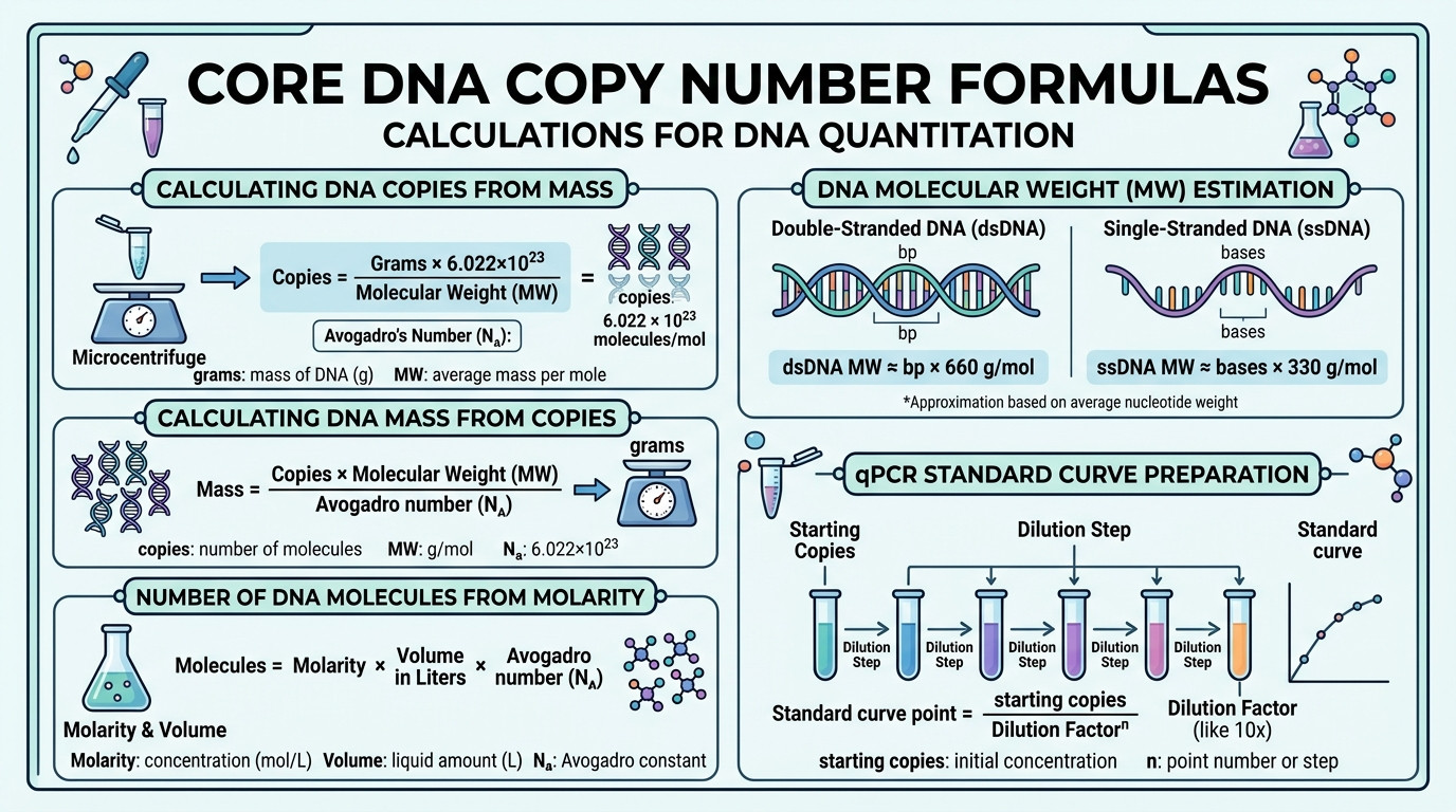 DNA Copy Number Calculator formulas for mass to copies molecular weight molarity and qPCR standards