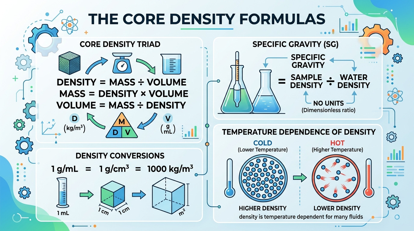 density calculator formulas for density mass volume specific gravity and unit conversion