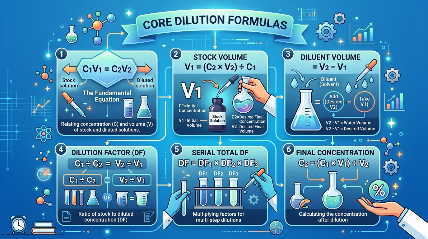 how to calculate a dilution – C1V1 formulas, volume and concentration methods