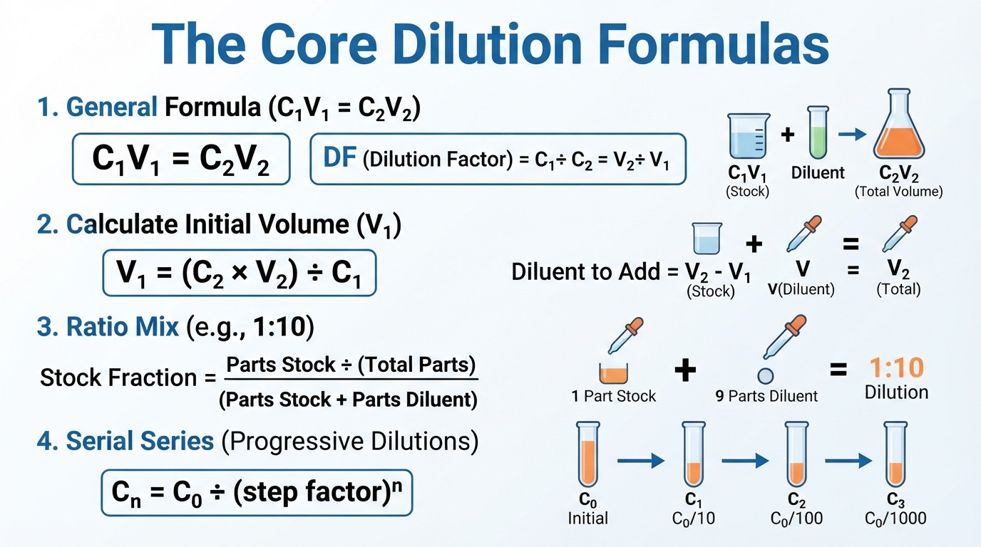 Graduated cylinders illustrating a dilution calculator and dilution factor concepts
