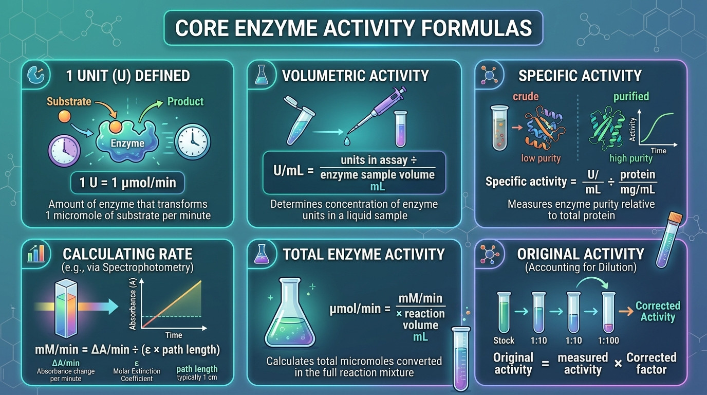 Enzyme Activity Calculator formulas for units per mL specific activity absorbance rate and dilution correction