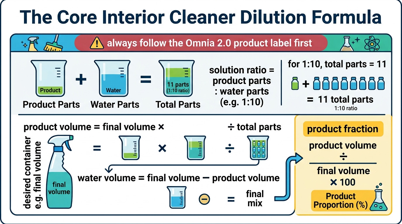 how to dilute omnia 2.0 interior cleaner formula for product water ratio and bottle size