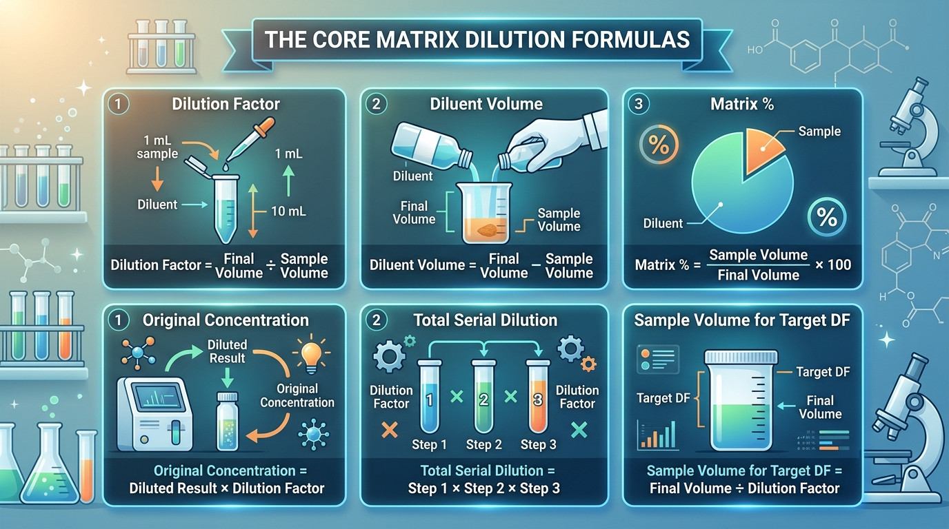 Matrix Dilution Calculator formulas for dilution factor matrix percentage serial dilution and back calculation