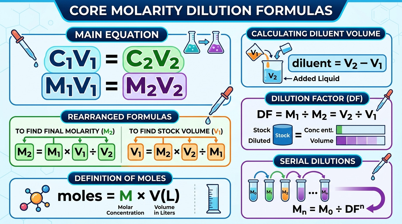 how to calculate molarity of diluted solution – C1V1 formulas molarity dilution chart