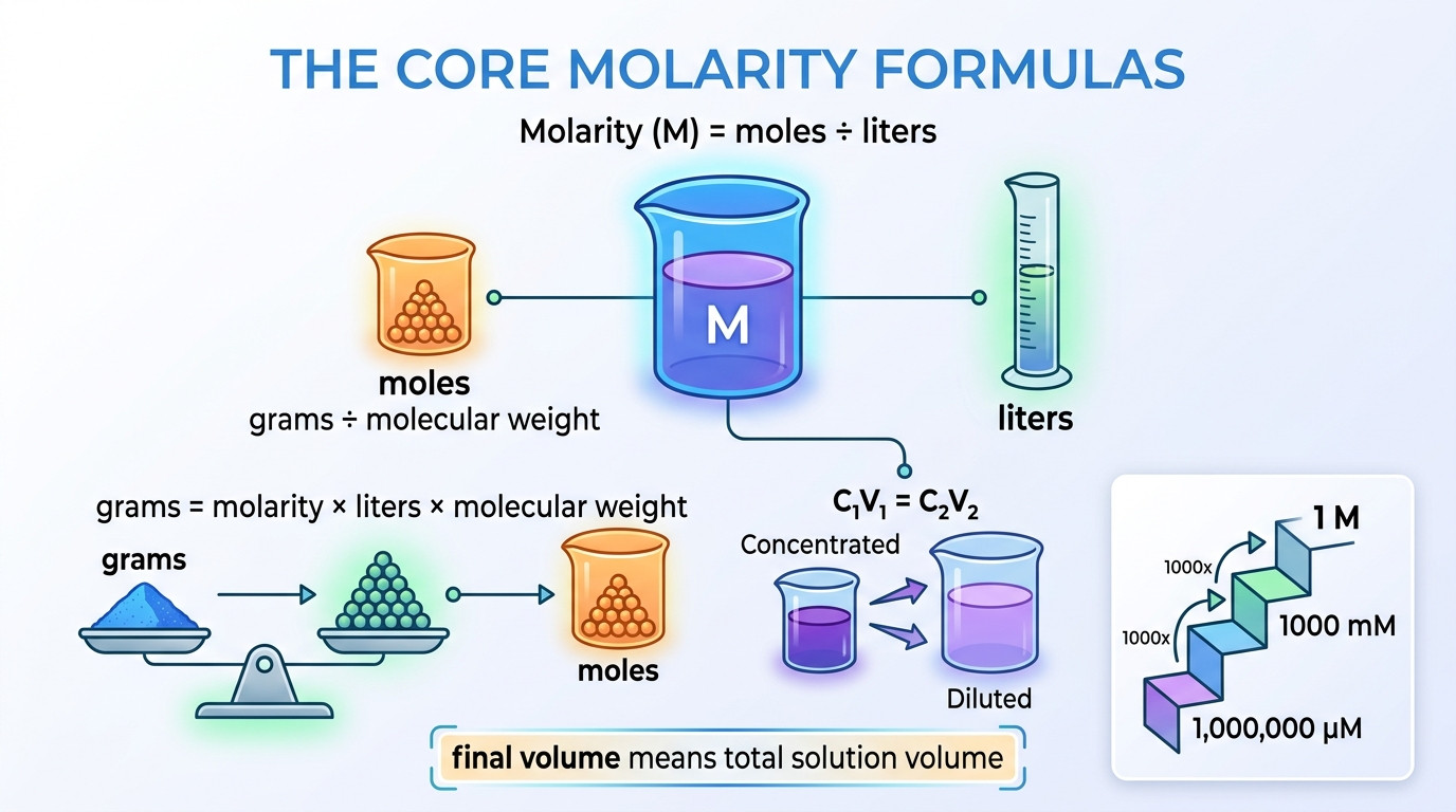 molarity calculator formulas for moles mass molecular weight dilution and unit conversion