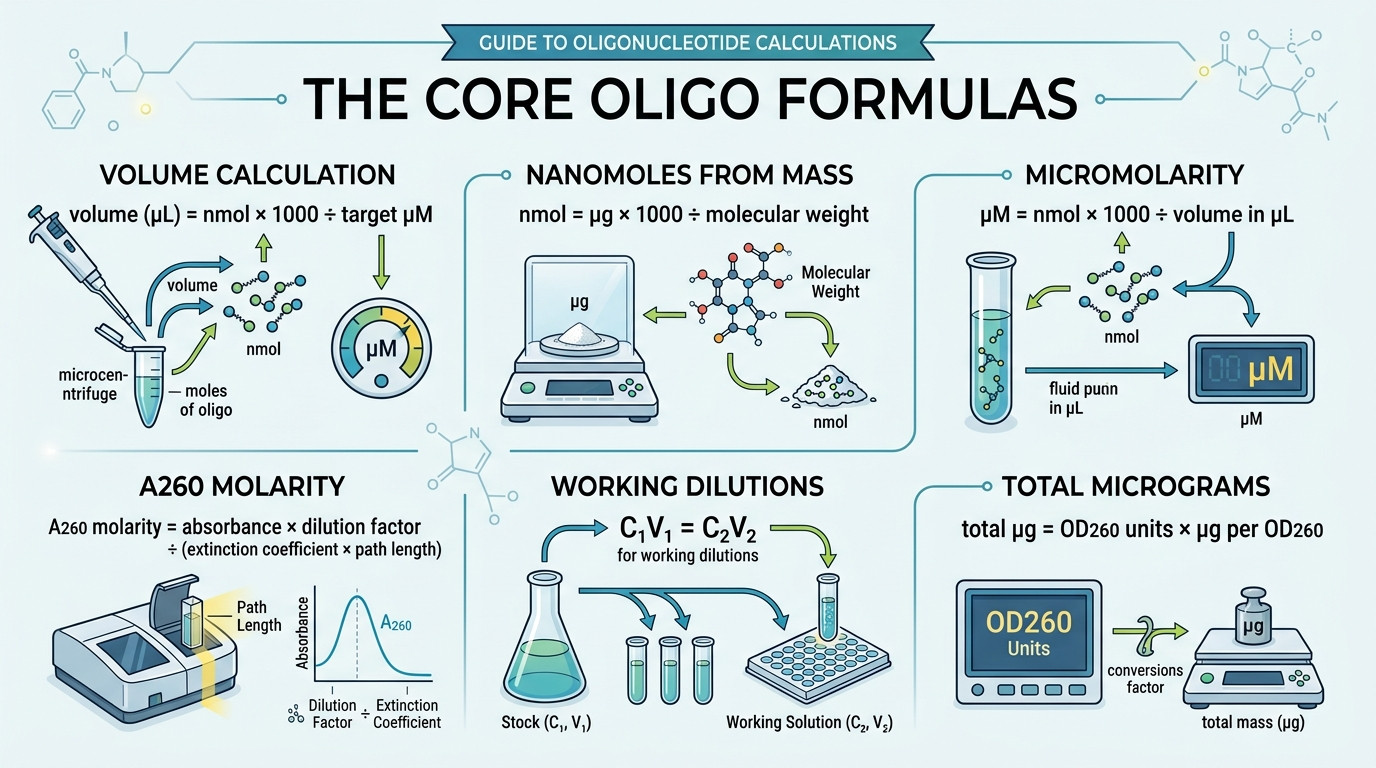 Oligo Concentration Calculator formulas for A260 nmol microgram reconstitution and dilution