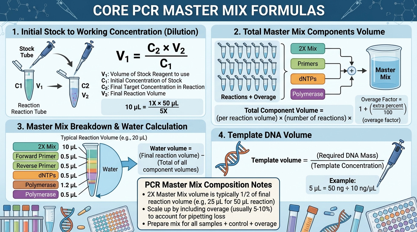 PCR Master Mix Calculator formulas for buffer primers dNTPs template water and overage