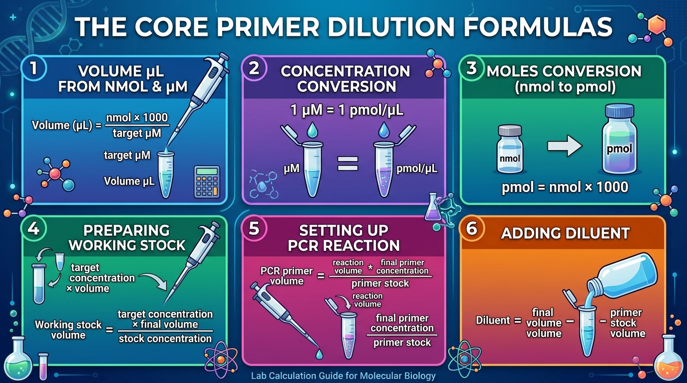 Primer Dilution Calculator formulas for nmol pmol micromolar working stock and PCR primer volume