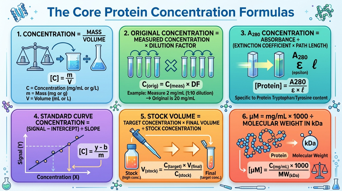 Protein Concentration Calculator formulas for mass volume dilution A280 standard curve and molarity