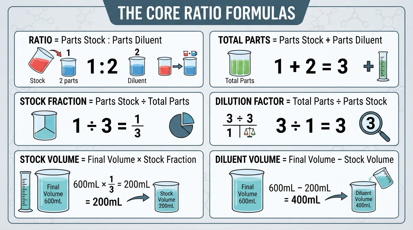 Graduated cylinders illustrating ratio dilution concepts and mixing proportions