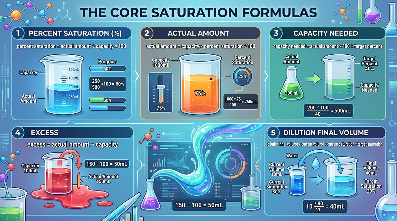 Saturation Calculator formulas for percent saturation capacity excess and dilution planning