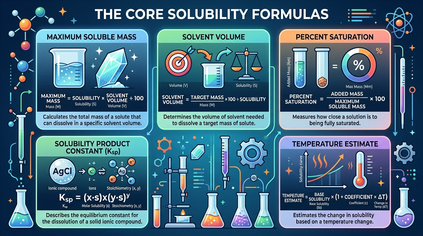 Solubility formulas for dissolved mass solvent volume saturation and Ksp calculations