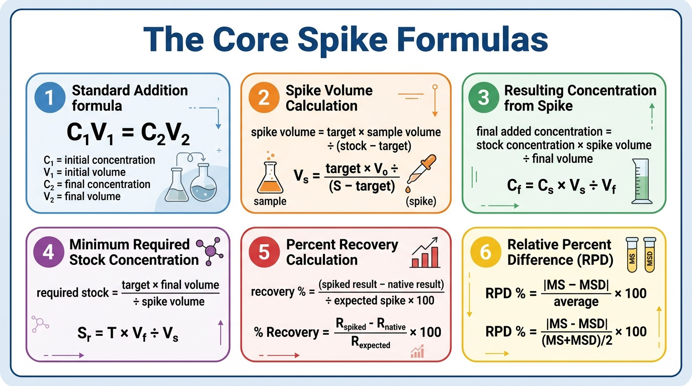 Spike Solution Calculator formulas for spike volume final concentration recovery and RPD