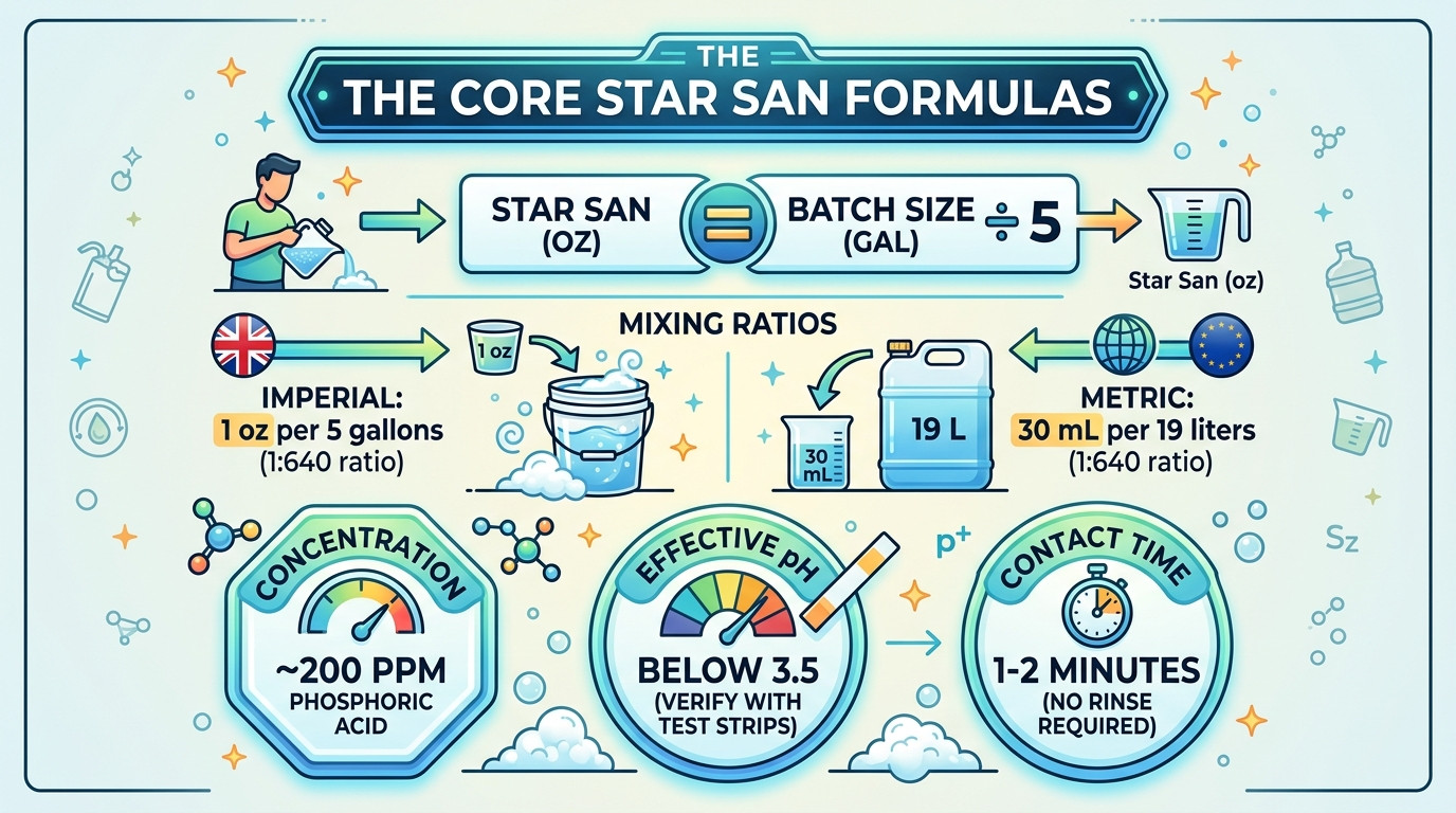 Core Star San formulas showing Imperial, Metric, and small batch calculations