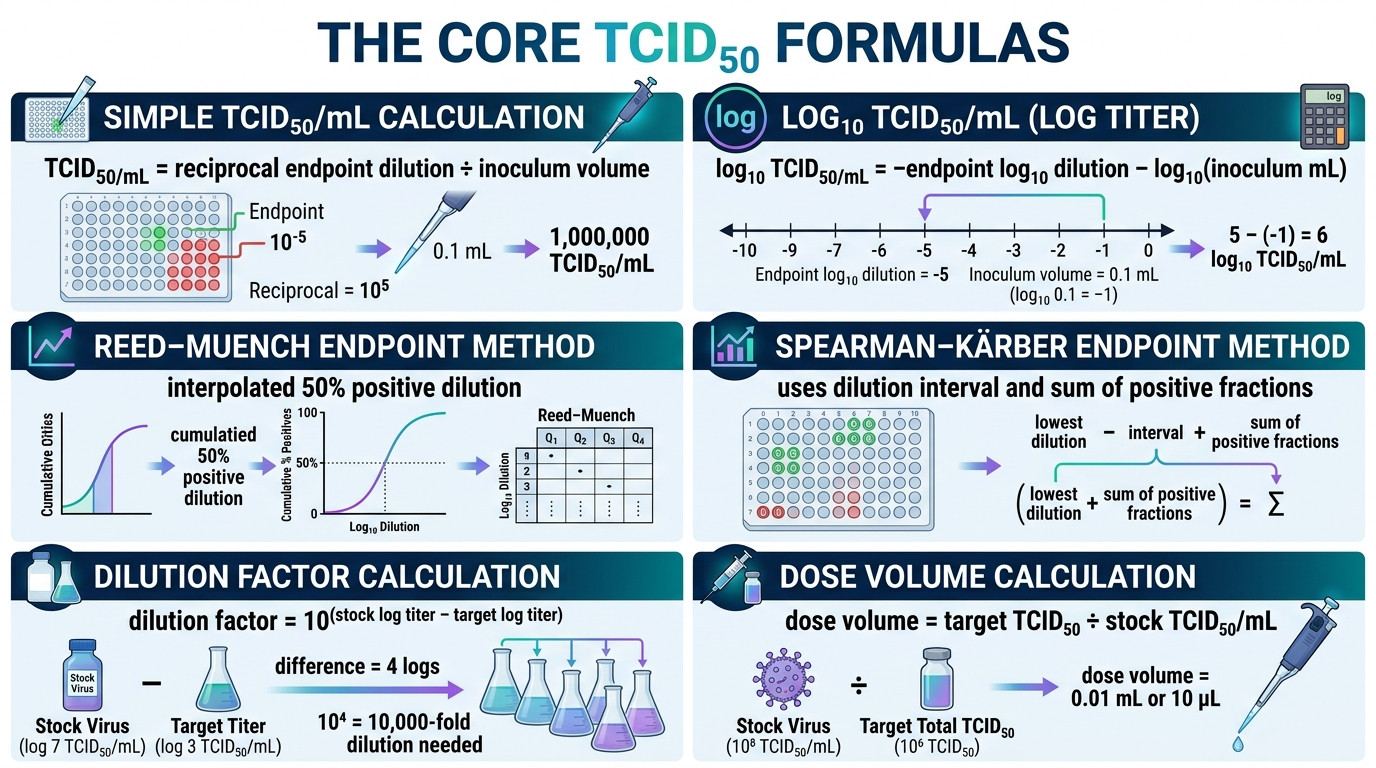 TCID50 Calculator formulas for Reed Muench endpoint Spearman Karber titer and dose volume