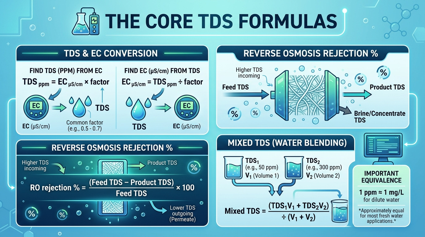 TDS Calculator formulas for EC ppm RO rejection and water mixing