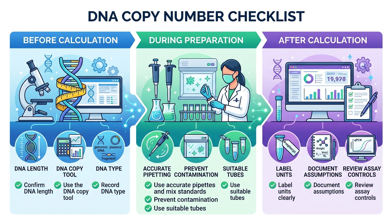DNA copy tool checklist for length mass dilution factor and reporting units