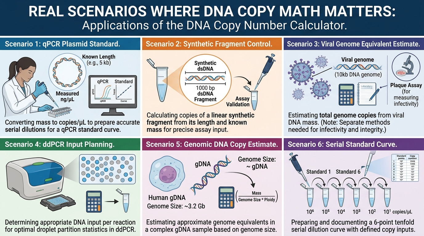 DNA Copy Number Calculator scenarios for qPCR plasmids fragments viral genomes ddPCR and standard curves