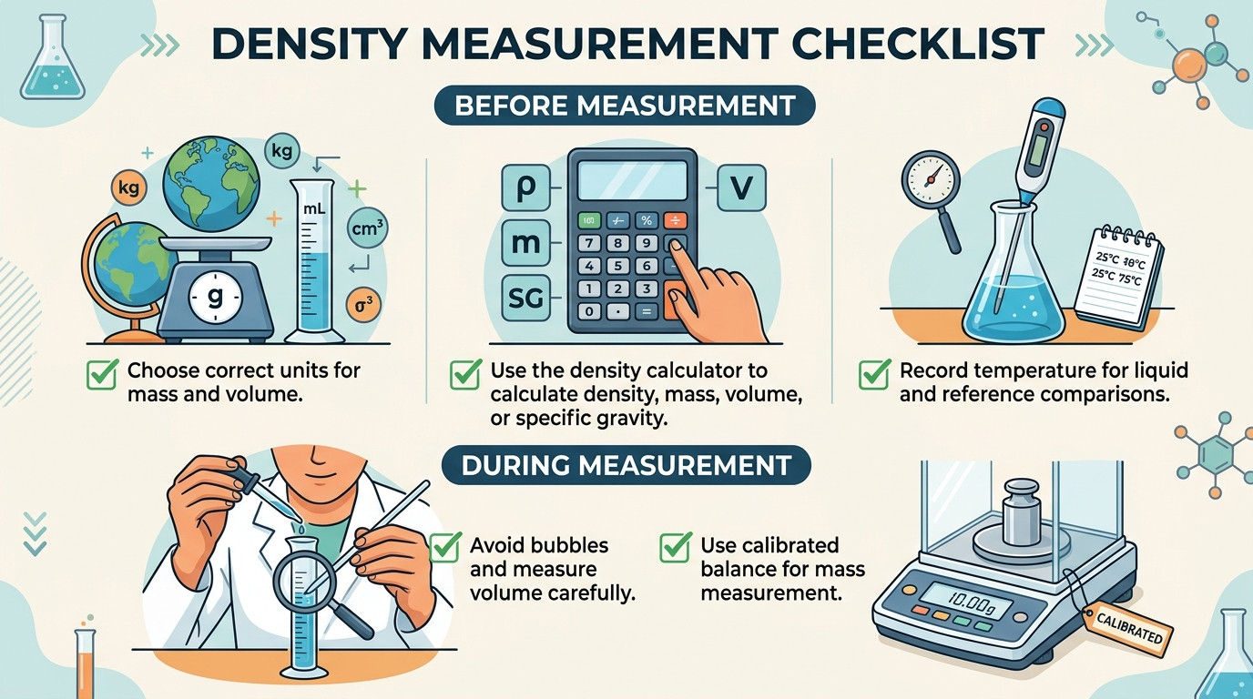 density calculator checklist for mass volume temperature and units
