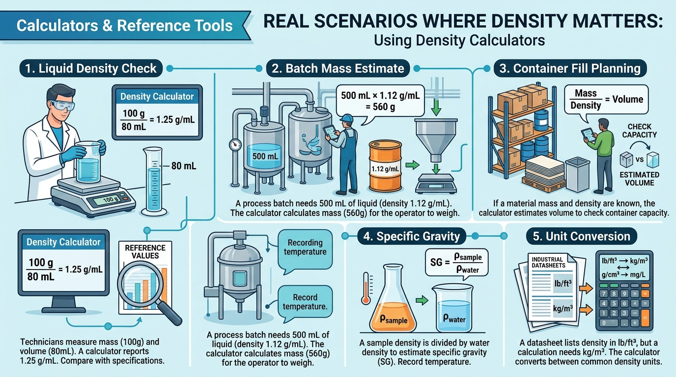 density calculator scenarios for liquid density mass volume specific gravity and unit conversion