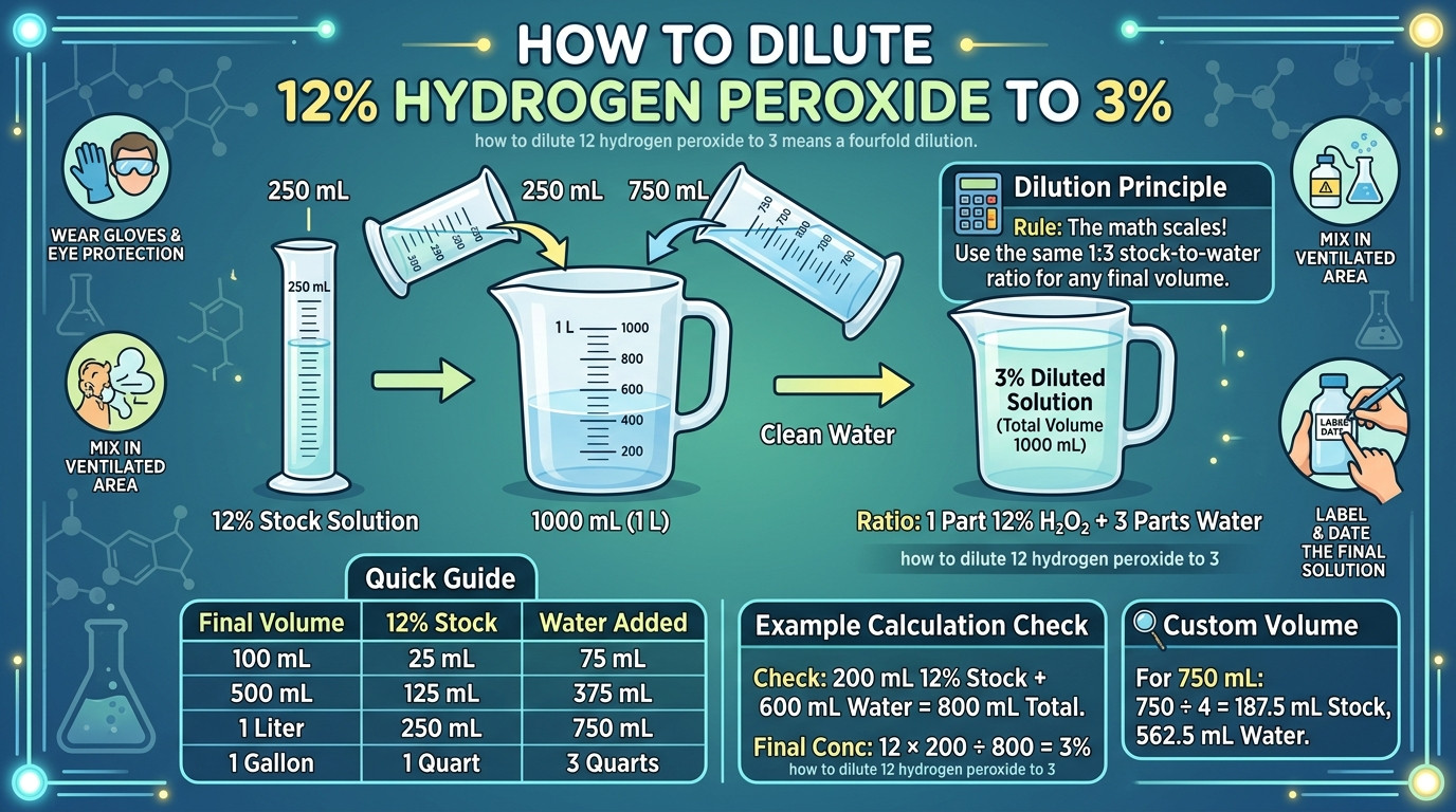 how to dilute 12 hydrogen peroxide to 3 batch examples for 100 mL 500 mL and 1 liter