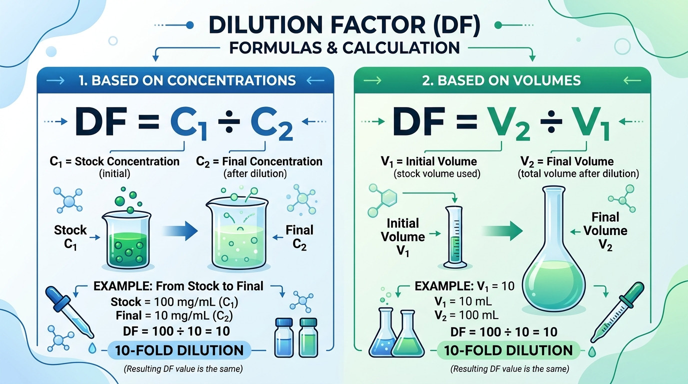 Dilution factor formula visualization showing C1V1=C2V2 relationship