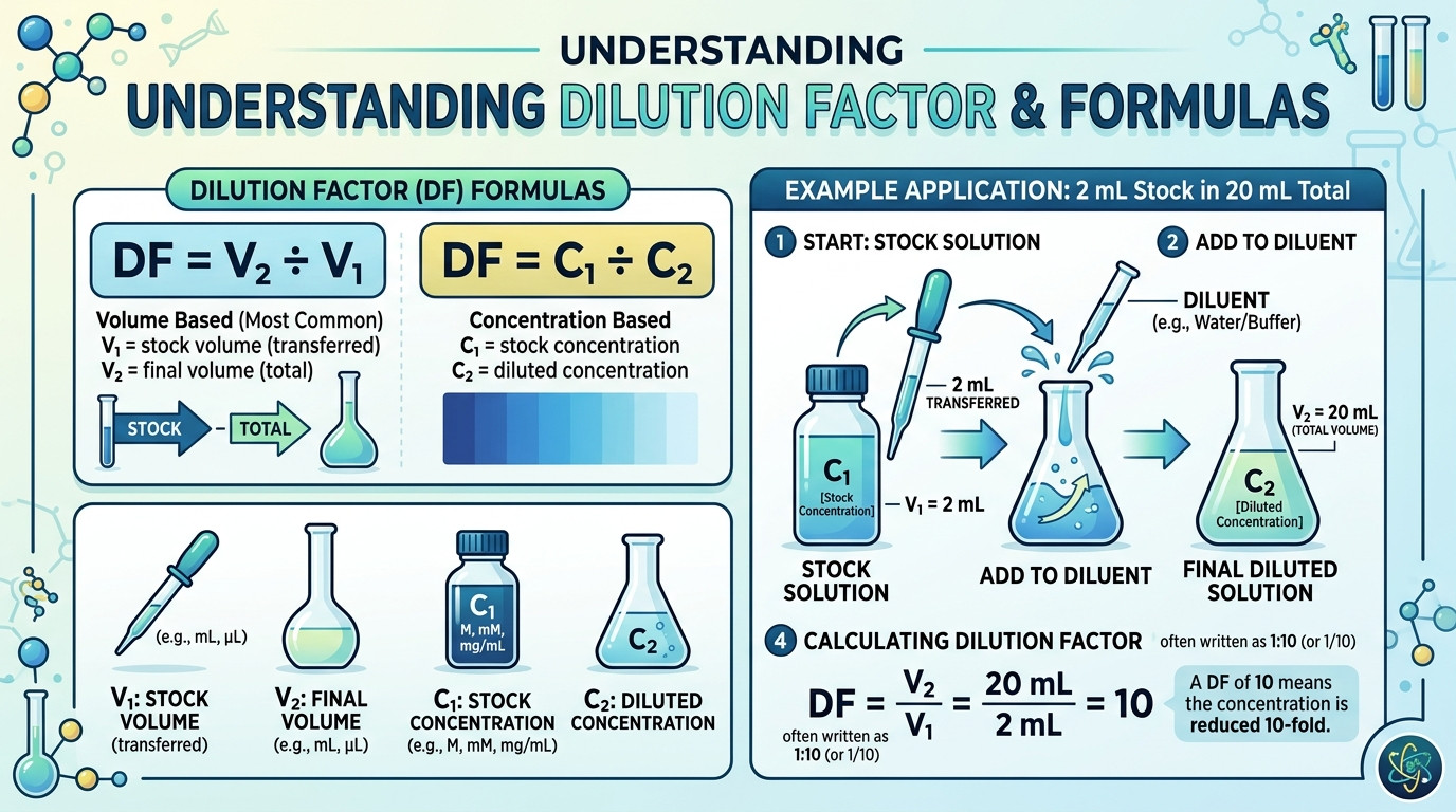 Dilution factor calculator formulas showing DF=V2/V1 and DF=C1/C2 with worked examples