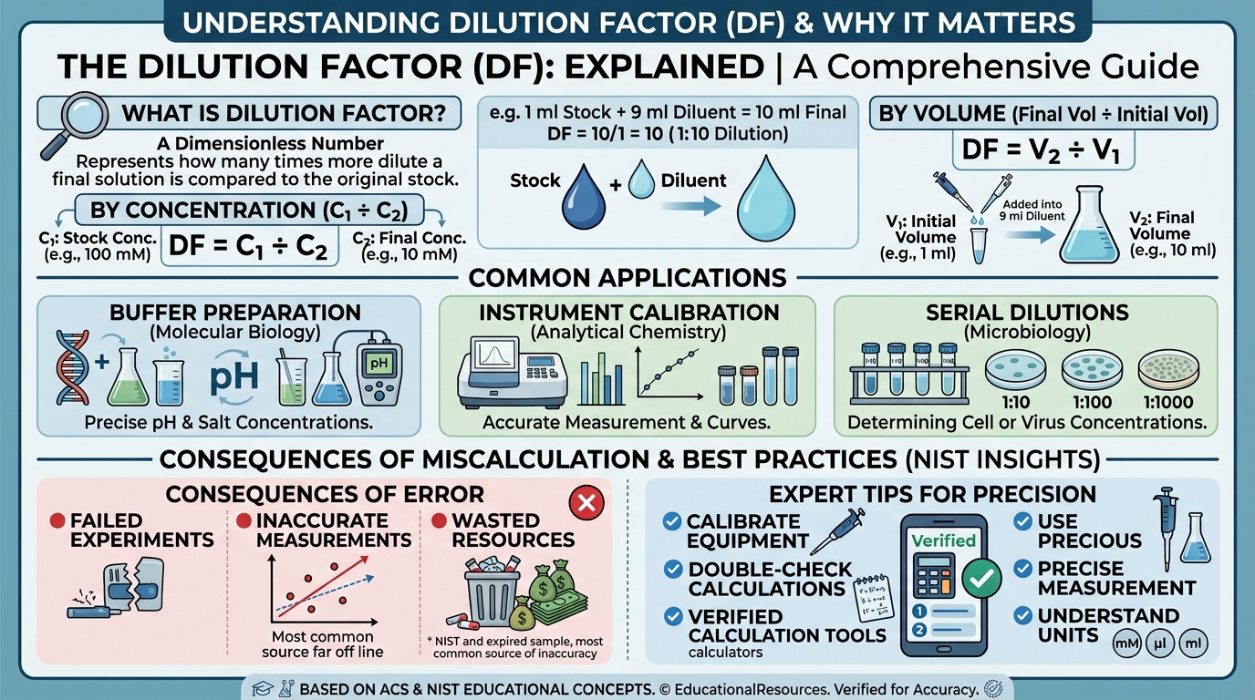 Dilution factor calculation with laboratory glassware showing stock and diluted solutions