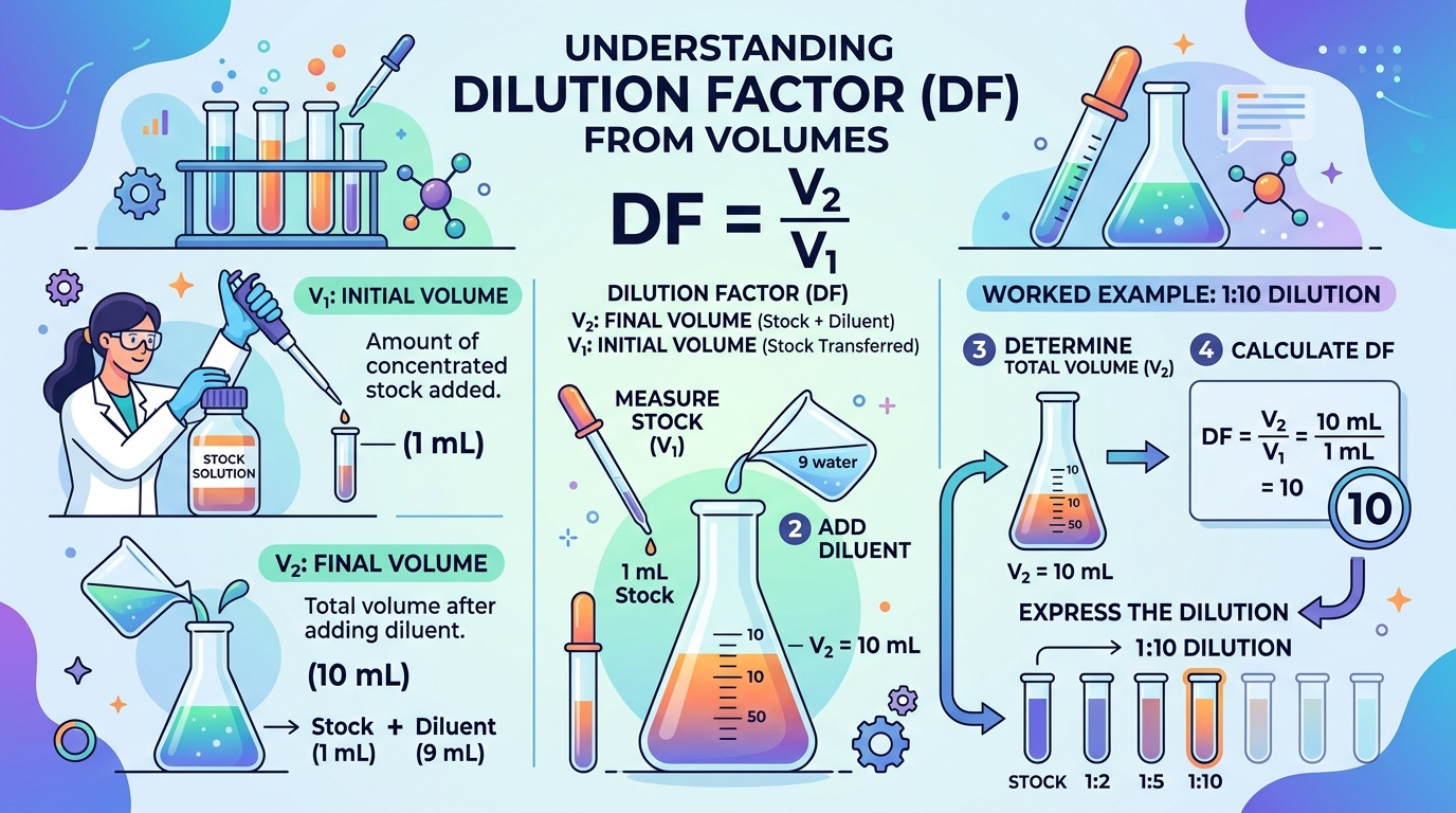 Dilution factor formulas showing DF = V2/V1 and DF = C1/C2 with worked examples
